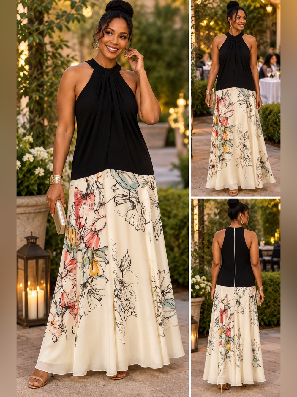Vintage Danny & Nicole Floral Maxi Dress – Size Medium – Black & Ivory